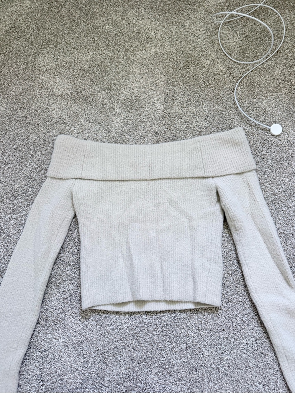 American Eagle Off-Shoulder Cozy Knit Crop Top - Cream